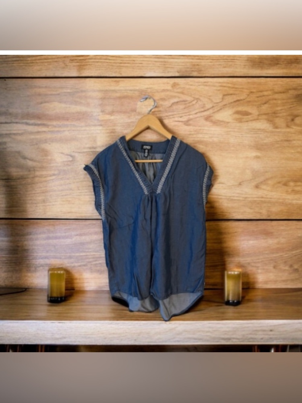 Jones New York Sleeveless V-Neck Stitching High-Low Blouse SZ Small Denim Blue